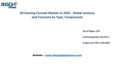 3D Gaming Console Market to Global Analysis and Forecasts by Type, Components No of Pages: 150 Publishing Date: Feb 2017 Single User PDF: US$ 3900.