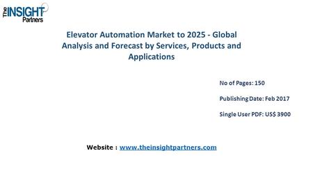 Elevator Automation Market to Global Analysis and Forecast by Services, Products and Applications No of Pages: 150 Publishing Date: Feb 2017 Single.