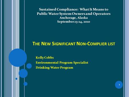 T HE N EW S IGNIFICANT N ON -C OMPLIER LIST Kelly Cobbs Environmental Program Specialist Drinking Water Program 1 Sustained Compliance: What It Means to.