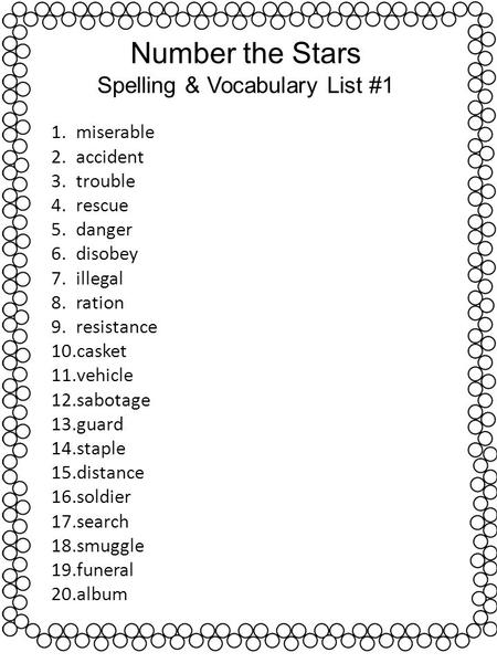 Number the Stars Spelling & Vocabulary List #1