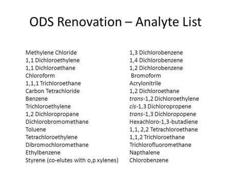 ODS Renovation – Analyte List Methylene Chloride1,3 Dichlorobenzene 1,1 Dichloroethylene1,4 Dichlorobenzene 1,1 Dichloroethane1,2 Dichlorobenzene Chloroform.