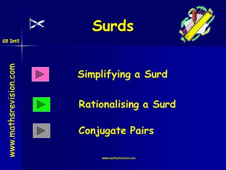 Surds Simplifying a Surd Rationalising a Surd Conjugate Pairs