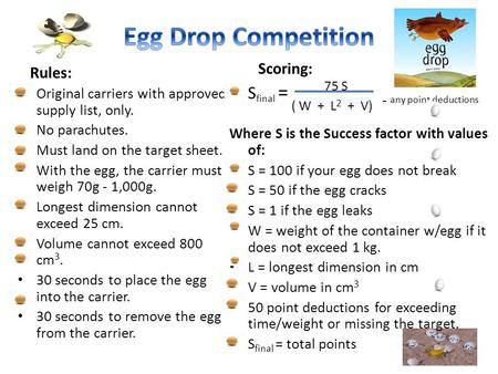 Rules: Original carriers with approved supply list, only. No parachutes. Must land on the target sheet. With the egg, the carrier must weigh 70g - 1,000g.