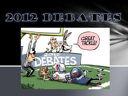 This political cartoon was published on Oct. 23, 2012 by the artist Eric Allie. The cartoon represents the Presidential debates between Senator Mitt Romney.