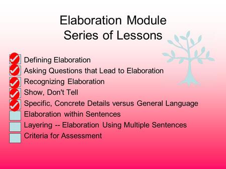 Elaboration Module Series of Lessons Defining Elaboration Asking Questions that Lead to Elaboration Recognizing Elaboration Show, Don't Tell Specific,