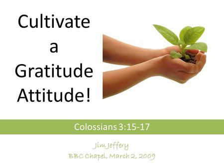 Cultivate a Gratitude Attitude! Colossians 3:15-17 Jim Jeffery BBC Chapel, March 2, 2009.