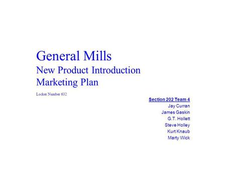 General Mills New Product Introduction Marketing Plan Section 202 Team 4 Jay Curran James Gaskin G.T. Hollett Steve Holley Kurt Knaub Marty Wick Locker.