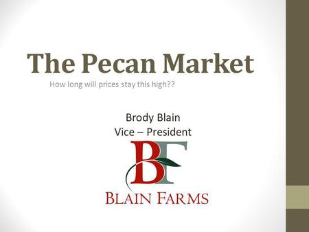 The Pecan Market How long will prices stay this high?? Brody Blain Vice – President.