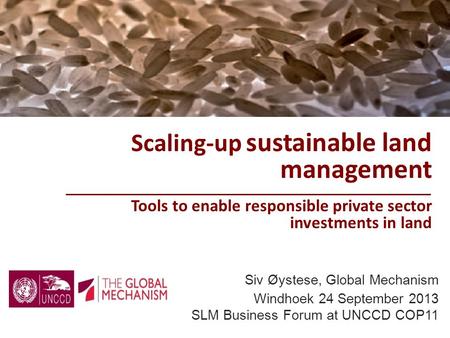 Scaling-up sustainable land management Tools to enable responsible private sector investments in land Siv Øystese, Global Mechanism Windhoek 24 September.