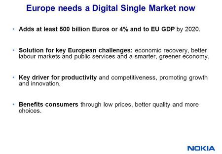 Europe needs a Digital Single Market now Adds at least 500 billion Euros or 4% and to EU GDP by 2020. Solution for key European challenges: economic recovery,