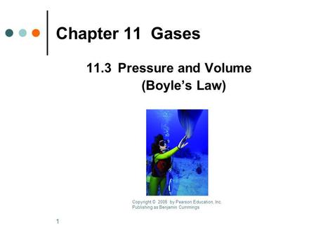 1 Chapter 11Gases 11.3Pressure and Volume (Boyles Law) Copyright © 2008 by Pearson Education, Inc. Publishing as Benjamin Cummings.