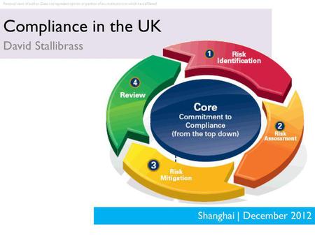 Compliance in the UK David Stallibrass Shanghai | December 2012 Personal views of author. Does not represent opinion or position of any institutions to.