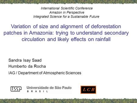 Sandra Isay Saad Humberto da Rocha IAG / Department of Atmospheric Sciences International Scientific Conference Amazon in Perspective Integrated Science.