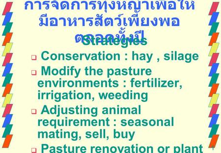 1 Strategies Conservation : hay, silage Modify the pasture environments : fertilizer, irrigation, weeding Adjusting animal requirement : seasonal mating,