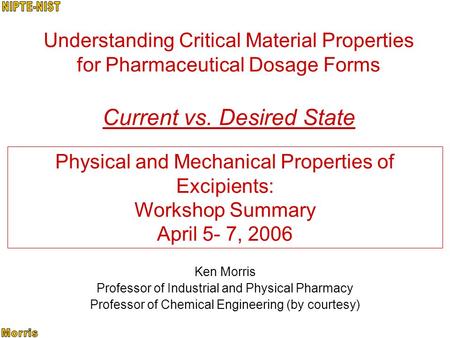 Understanding Critical Material Properties for Pharmaceutical Dosage Forms Current vs. Desired State Ken Morris Professor of Industrial and Physical Pharmacy.
