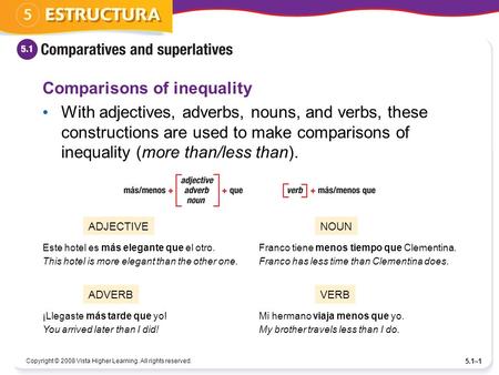 Copyright © 2008 Vista Higher Learning. All rights reserved. 5.1–1 Comparisons of inequality With adjectives, adverbs, nouns, and verbs, these constructions.