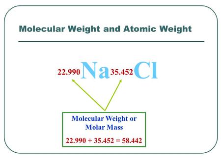 Molecular Weight and Atomic Weight 22.990 Na 35.452 Cl Molecular Weight or Molar Mass 22.990 + 35.452 = 58.442.