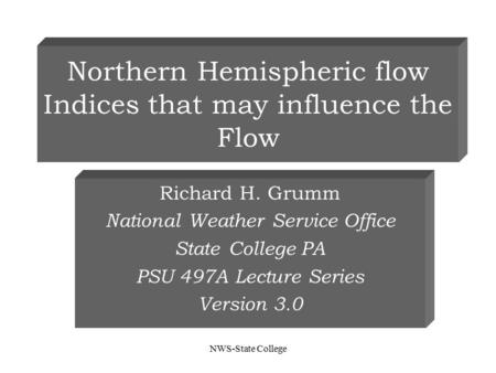 NWS-State College Northern Hemispheric flow Indices that may influence the Flow Richard H. Grumm National Weather Service Office State College PA PSU 497A.