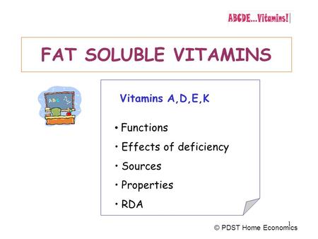1 FAT SOLUBLE VITAMINS Vitamins A,D,E,K Functions Effects of deficiency Sources Properties RDA © PDST Home Economics.