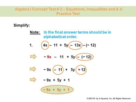 Algebra I Concept Test # 2 – Equations, Inequalities and A.V.