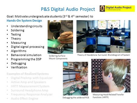 Examples of Realized Systems Digital PreAmp with Equalizer Active Amp and Speakers HRTF Measurement System Surround Headphone Amp Frequency Response Analyzer.