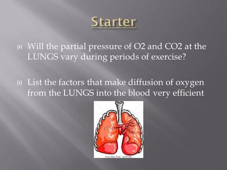  Will the partial pressure of O2 and CO2 at the LUNGS vary during periods of exercise?  List the factors that make diffusion of oxygen from the LUNGS.