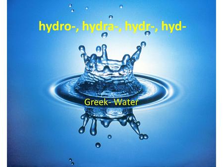 Hydro-, hydra-, hydr-, hyd- Greek- Water. hydrangea hydrangea Any of various shrubs of the genus Hydrangea, having opposite leaves and large, flat-topped.