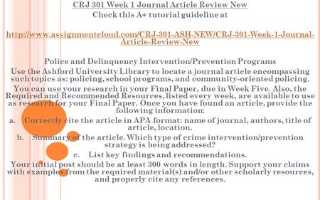 CRJ 301 Week 1 Journal Article Review New Check this A+ tutorial guideline at  Article-Review-New.