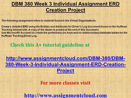 DBM 380 Week 3 Individual Assignment ERD Creation Project The following assignment refers to material found in the Virtual Organizations. Create a detailed.