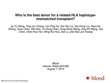 Who is the best donor for a related HLA haplotype-mismatched transplant? by Yu Wang, Ying-Jun Chang, Lan-Ping Xu, Kai-Yan Liu, Dai-Hong Liu, Xiao-Hui Zhang,