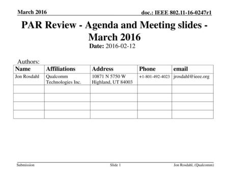 PAR Review - Agenda and Meeting slides - March 2016