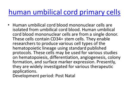 Human umbilical cord primary cells Human umbilical cord blood mononuclear cells are isolated from umbilical cord blood. Human umbilical cord blood mononuclear.