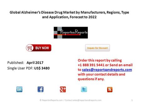 Global Alzheimer’s Disease Drug Market by Manufacturers, Regions, Type and Application, Forecast to 2022 Published: April 2017 Single User PDF: US$ 3480.
