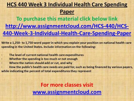 HCS 440 Week 3 Individual Health Care Spending Paper To purchase this material click below link  440-Week-3-Individual-Health-Care-Spending-Paper.