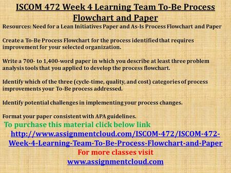 ISCOM 472 Week 4 Learning Team To-Be Process Flowchart and Paper Resources: Need for a Lean Initiatives Paper and As-Is Process Flowchart and Paper Create.