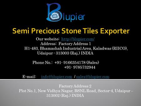 Our website:  Address: Factory Address 1 H1-483, Bhamashah Industrial Area, Kaladwas (RIICO), Udaipur (Raj.)