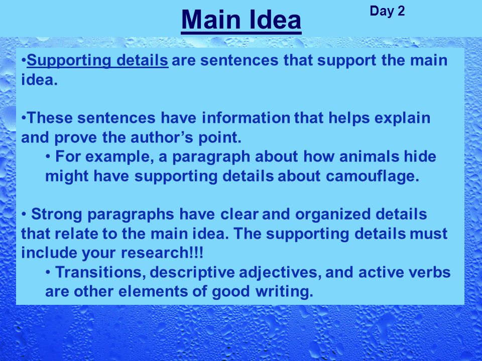main idea topic sentence supporting details examples