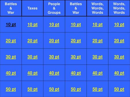10 pt 20 pt 30 pt 40 pt 50 pt Battles & War Taxes People Groups Words,