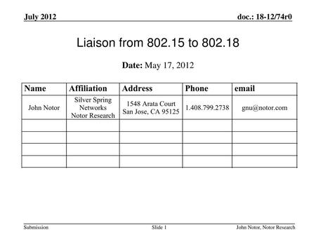 Liaison from to Date: May 17, 2012 July 2012 Month Year