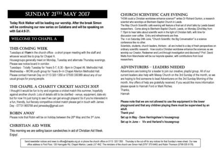 SUNDAY 21th May 2017 Church Scientific Cafe Evening