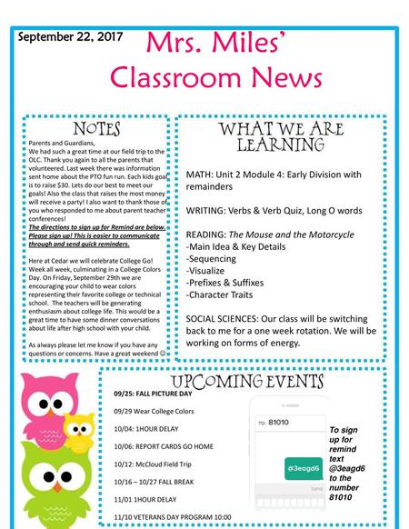 Mrs. Miles’ Classroom News September 22, 2017