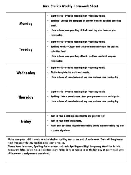 Mrs. Stark’s Weekly Homework Sheet
