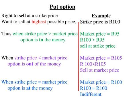 Put option Example Right to sell at a strike price