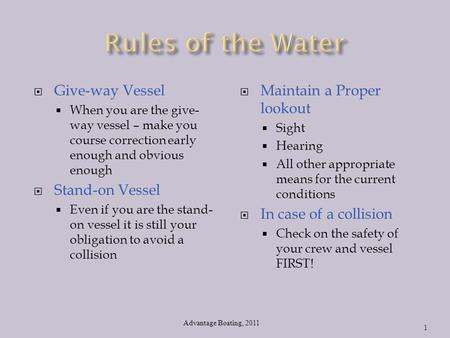Rules of the Water Give-way Vessel Stand-on Vessel