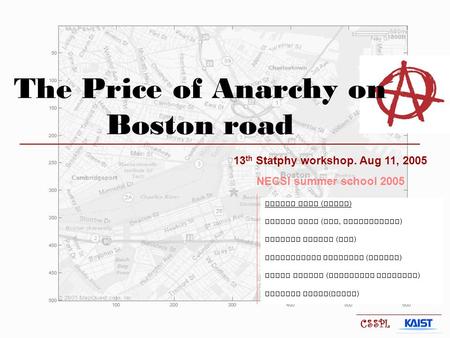 The Price of Anarchy on Boston road 13 th Statphy workshop. Aug 11, 2005 NECSI summer school 2005 HyeJin Youn ( KAIST ) Fabian Roth ( ETH, Switzerland.