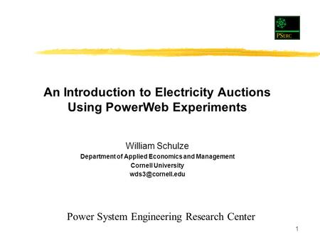 1 William Schulze Department of Applied Economics and Management Cornell University An Introduction to Electricity Auctions Using PowerWeb.