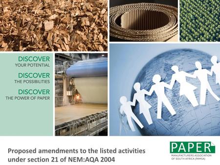 About PAMSA Formed in 1992 Promotes the interests and efforts of the South African pulp and paper industry Members – Kimberly-Clark, Mondi, Mpact, Nampak.