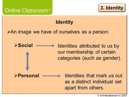© onlineclassroom.tv 2007 Identity Social An image we have of ourselves as a person: Personal Identities attributed to us by our membership of certain.