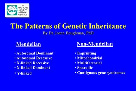 The Patterns of Genetic Inheritance By Dr. Joann Boughman, PhD Autosomal Dominant Autosomal Recessive X-linked Recessive X-linked Dominant Y-linked Imprinting.