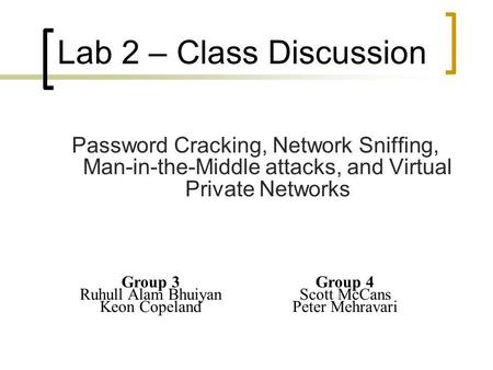 Password Cracking, Network Sniffing, Man-in-the-Middle attacks, and Virtual Private Networks Lab 2 – Class Discussion Group 3 Ruhull Alam Bhuiyan Keon.
